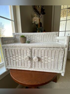 Vintage White Wicker Rattan Storage Wall Shelf Cabinet Rope Knob Accents EUC
